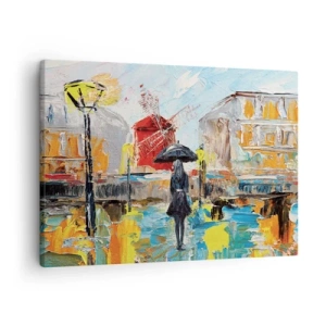 Obraz na płótnie - Malownicza scena z parasolem na tle Paryża w żywych kolorach - 70x50cm - Paryskie legendy - Nowoczesna dekoracja ścienna do salonu i sypialni ARTTOR