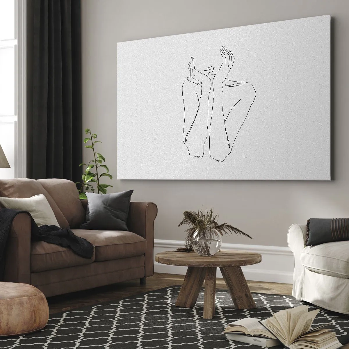 Obraz na płótnie - Minimalistyczny rysunek twarzy i dłoni linią - 70x50cm - O czym marzą dziewczyny - Nowoczesna dekoracja ścienna do salonu i sypialni ARTTOR