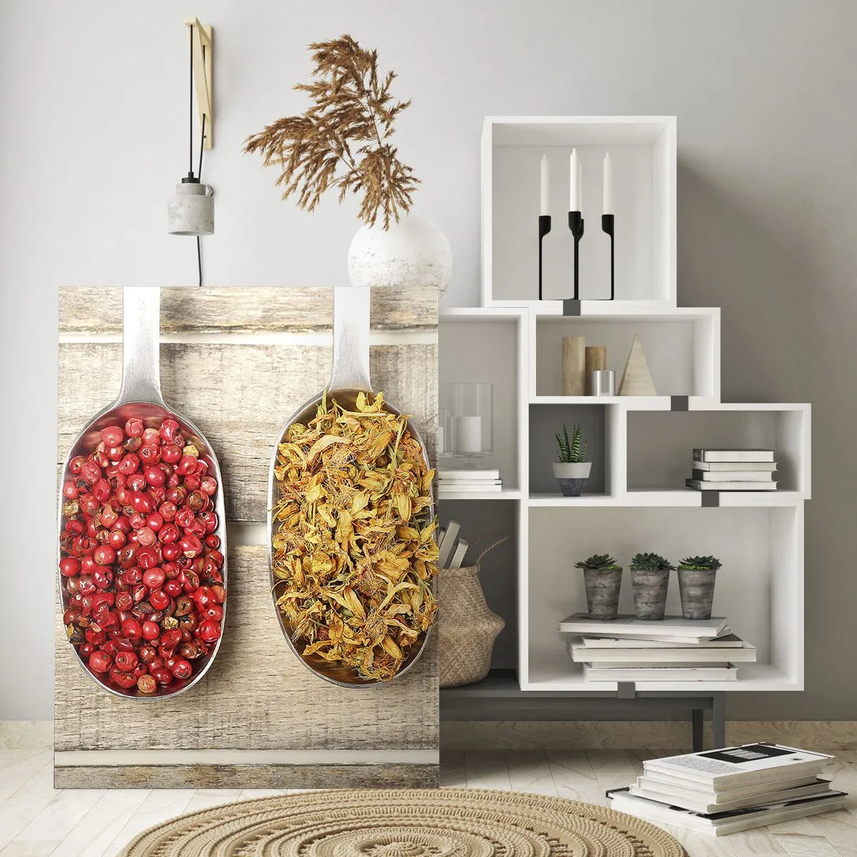 Obraz na szkle - Trzy łyżki z przyprawami na drewnianym tle w stylu rustykalnym - 50x70cm - Kuchenna magia - Nowoczesna dekoracja ścienna do salonu, kuchni i sypialni ARTTOR