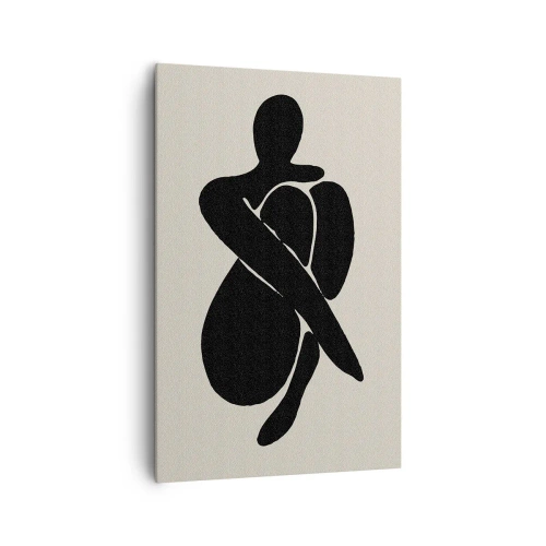 Obraz na płótnie - Minimalistyczna sylwetka osoby w abstrakcyjnej pozie na jasnym tle - 80x120cm - We własnych objęciach - Nowoczesna dekoracja ścienna do salonu i sypialni ARTTOR