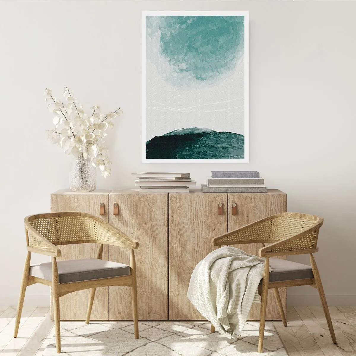 Plakat - Abstrakcyjny krajobraz w odcieniach zieleni i bieli - 50x70cm - Spotkanie z mgłą - Nowoczesna dekoracja ścienna do salonu, kuchni i sypialni ARTTOR