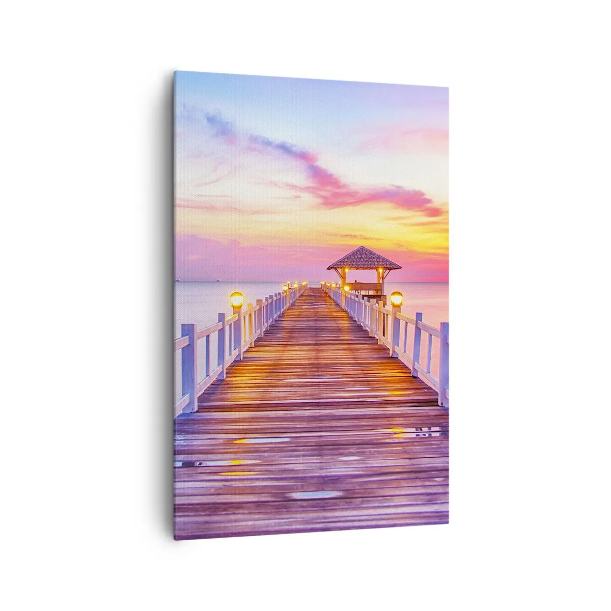 Obraz na płótnie - Pomost nad wodą o zachodzie słońca w pastelowych barwach - 80x120cm - Liliowo-złota cisza wieczoru - Nowoczesna dekoracja ścienna do salonu i sypialni ARTTOR