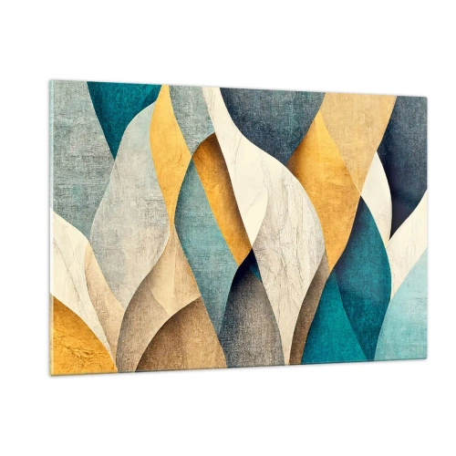 Obraz na szkle - Abstrakcyjne kształty w odcieniach żółci i błękitu - 120x80cm - Rytm i falowanie - Nowoczesna dekoracja ścienna do salonu, kuchni i sypialni ARTTOR
