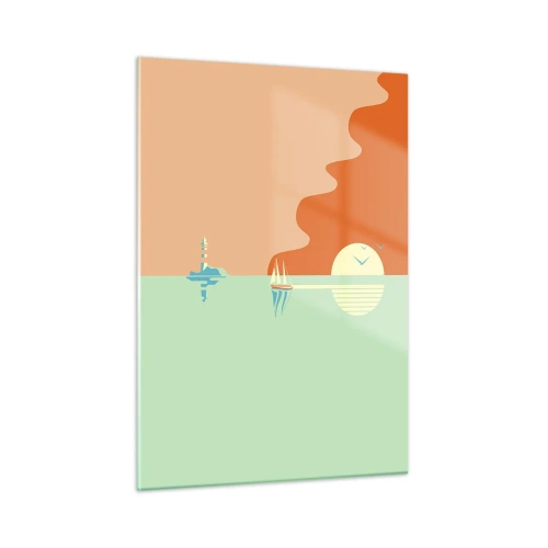 Obraz na szkle - Minimalistyczny zachód słońca z żaglówką i latarnią - 50x70cm - Morski pejzaż idealny - Nowoczesna dekoracja ścienna do salonu, kuchni i sypialni ARTTOR