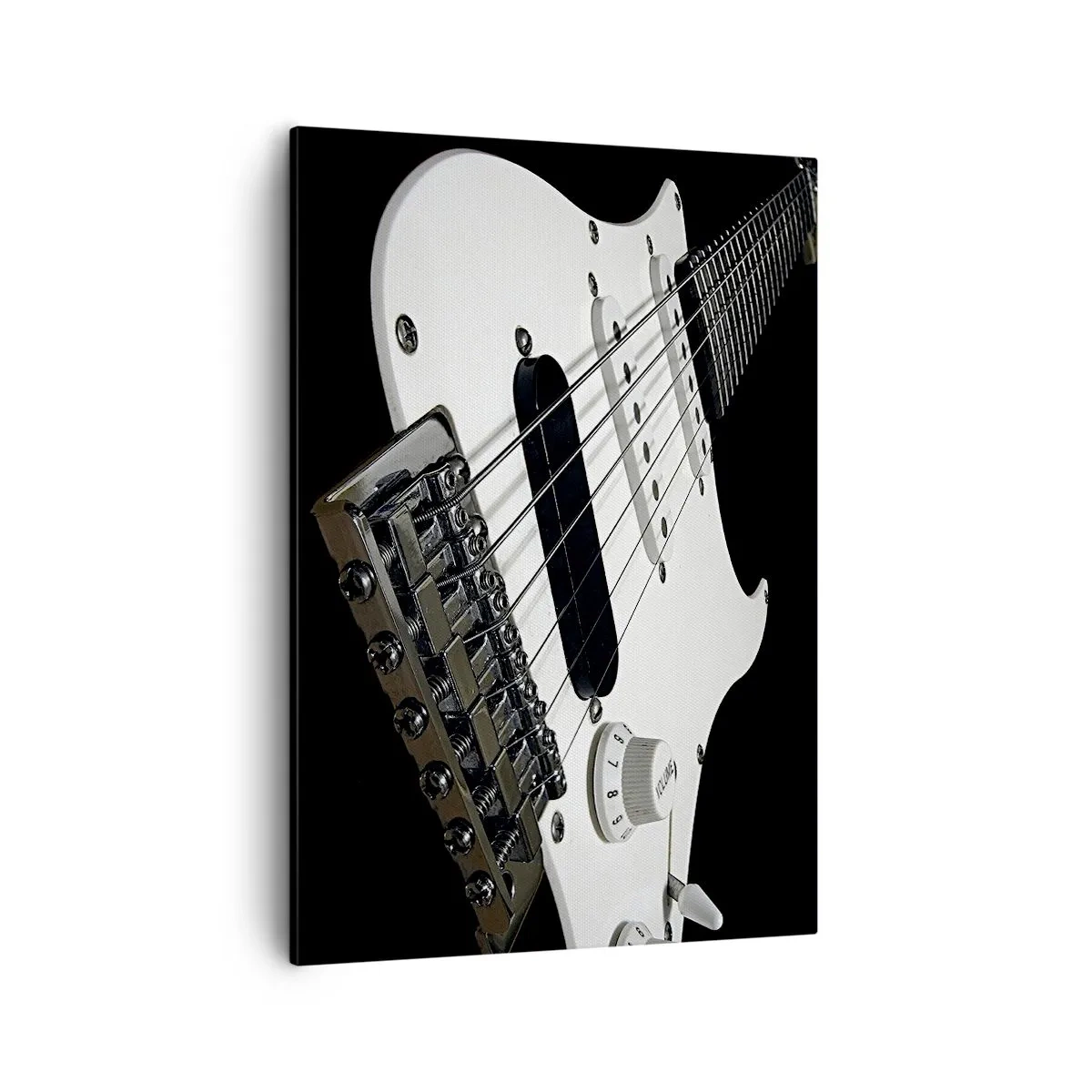 Obraz na płótnie - Zbliżenie na białą gitarę elektryczną z czarnymi detalami - 50x70cm - Ukryty w bieli dźwięk - Nowoczesna dekoracja ścienna do salonu, kuchni i sypialni ARTTOR