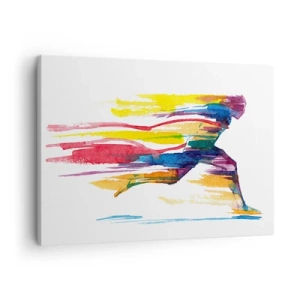 Obraz na płótnie - Biegacz w abstrakcyjnych kolorach symbolizujący dynamikę i energię - 70x50cm - Bieg przez tęczę - Nowoczesna dekoracja ścienna do salonu i sypialni ARTTOR