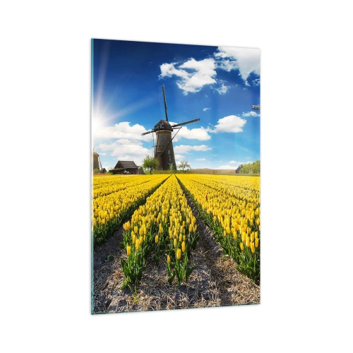Obraz na szkle - Pole żółtych tulipanów z wiatrakami na horyzoncie - 70x100cm - Bardziej holenderski być nie może - Nowoczesna dekoracja ścienna do salonu i sypialni ARTTOR