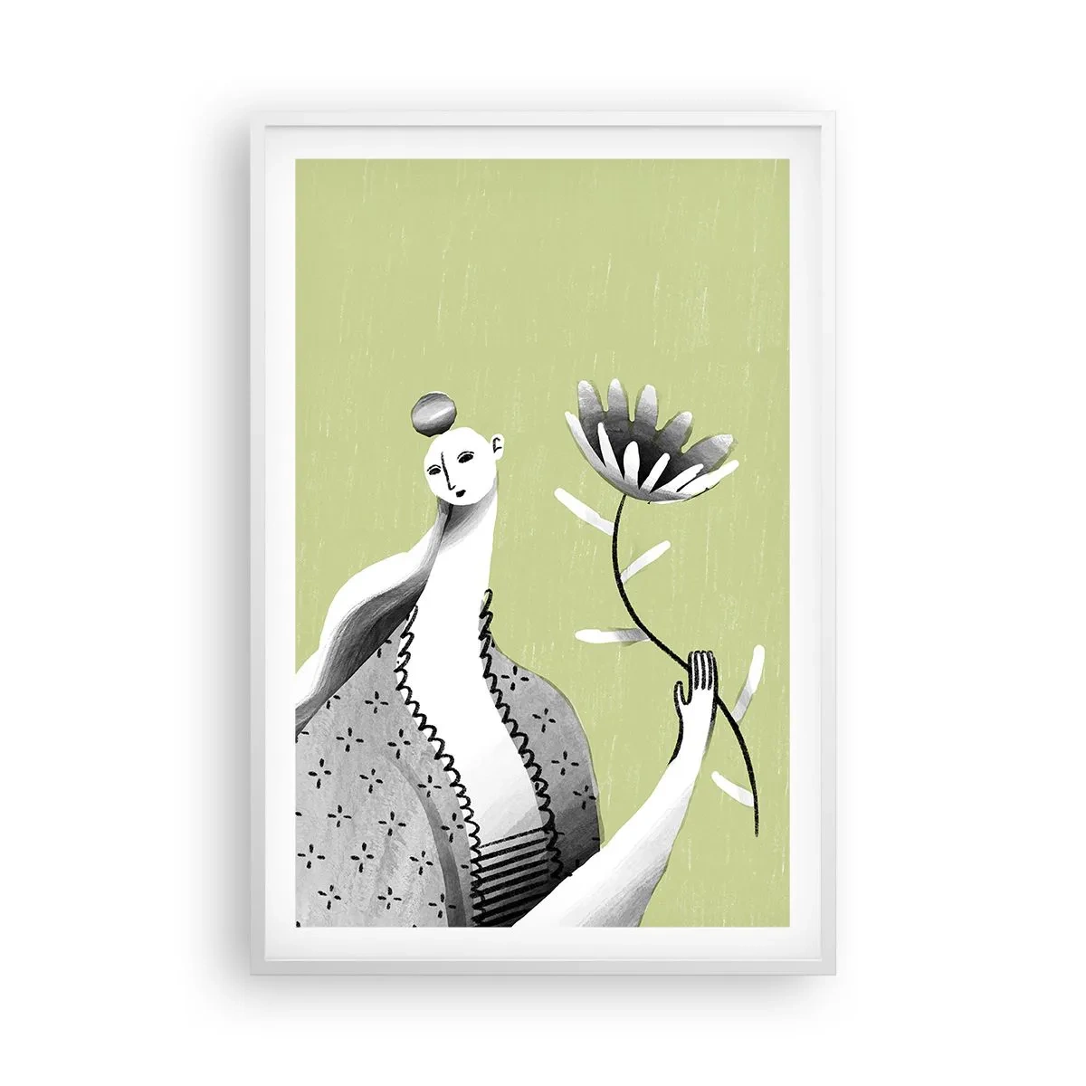 Plakat w białej ramie - Portret modernistyczny – trzymająca kwiat - 61x91 cm