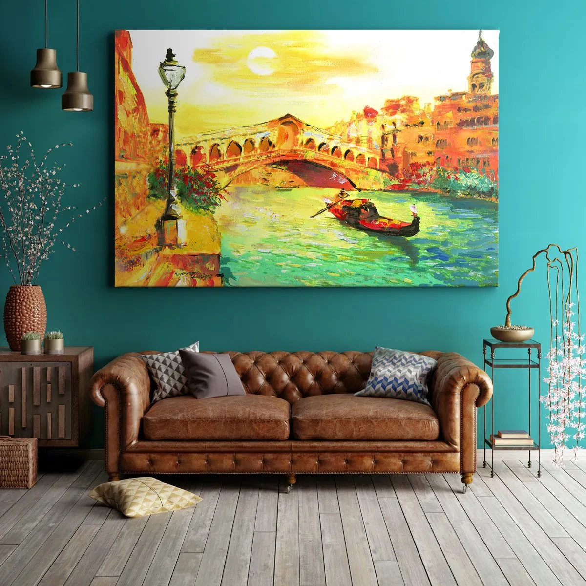 Obraz na płótnie - Pielgrzymka zakochanych - Malowniczy most nad kanałem z gondolą w świetle zachodzącego słońca - 70x50cm