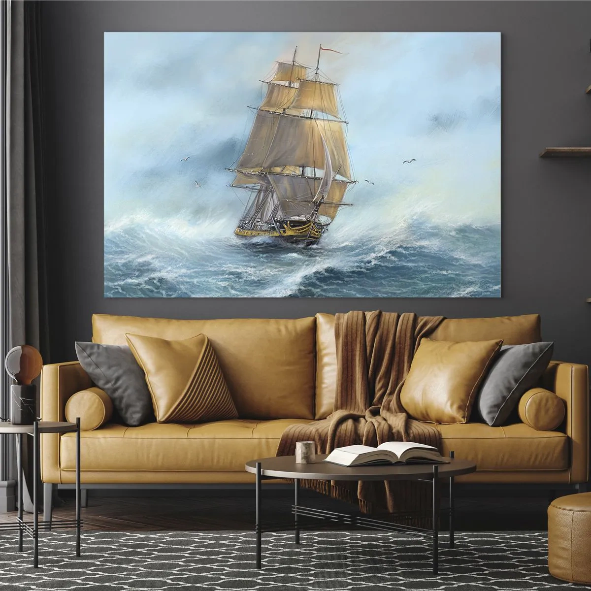 Obraz na szkle - Żaglowiec na wzburzonym morzu w malarskim stylu - 70x50cm - Mknący po falach - Nowoczesna dekoracja ścienna do salonu i sypialni ARTTOR