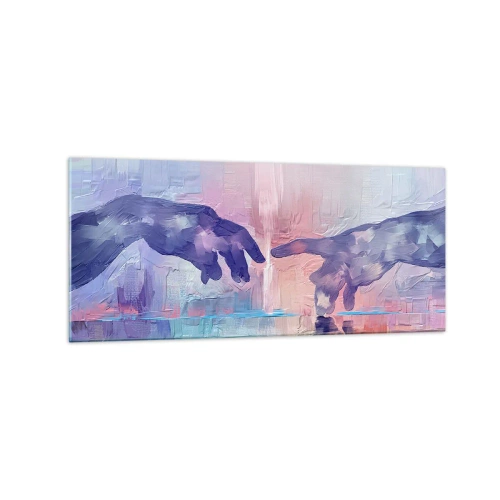 Obraz na szkle - Symboliczne dłonie w abstrakcyjnych barwach, odwołujące się do motywu stworzenia - 120x50cm - Boska iskra życia - Nowoczesna dekoracja ścienna do salonu i sypialni ARTTOR