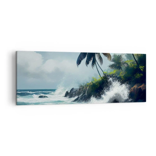 Obraz na płótnie - Tropikalny brzeg z palmami i wzburzonym morzem - 140x50cm - Na tropikalnym brzegu - Nowoczesna dekoracja ścienna do salonu i sypialni ARTTOR