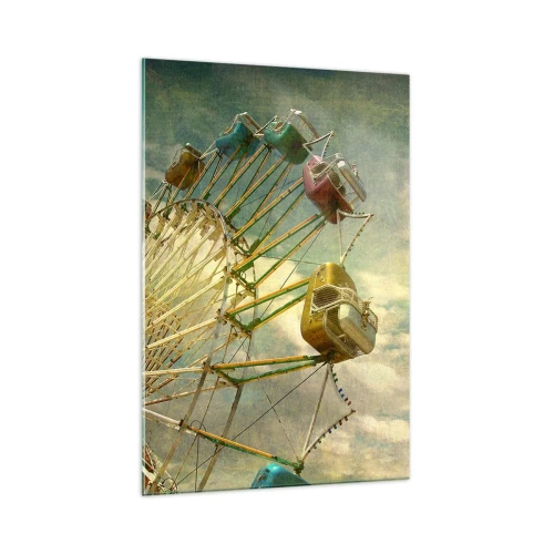 Obraz na szkle - Retro fotografia diabelskiego młyna z palmami na tle nieba - 70x100cm - Będzie, będzie zabawa… - Nowoczesna dekoracja ścienna do salonu i sypialni ARTTOR