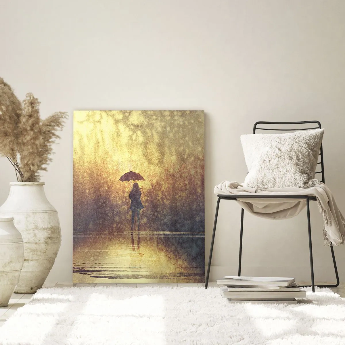 Obraz na szkle - Postać z parasolem w świetle zachodzącego słońca i deszczu - 50x70cm - Czuję, że ktoś na mnie patrzy - Nowoczesna dekoracja ścienna do salonu, kuchni i sypialni ARTTOR