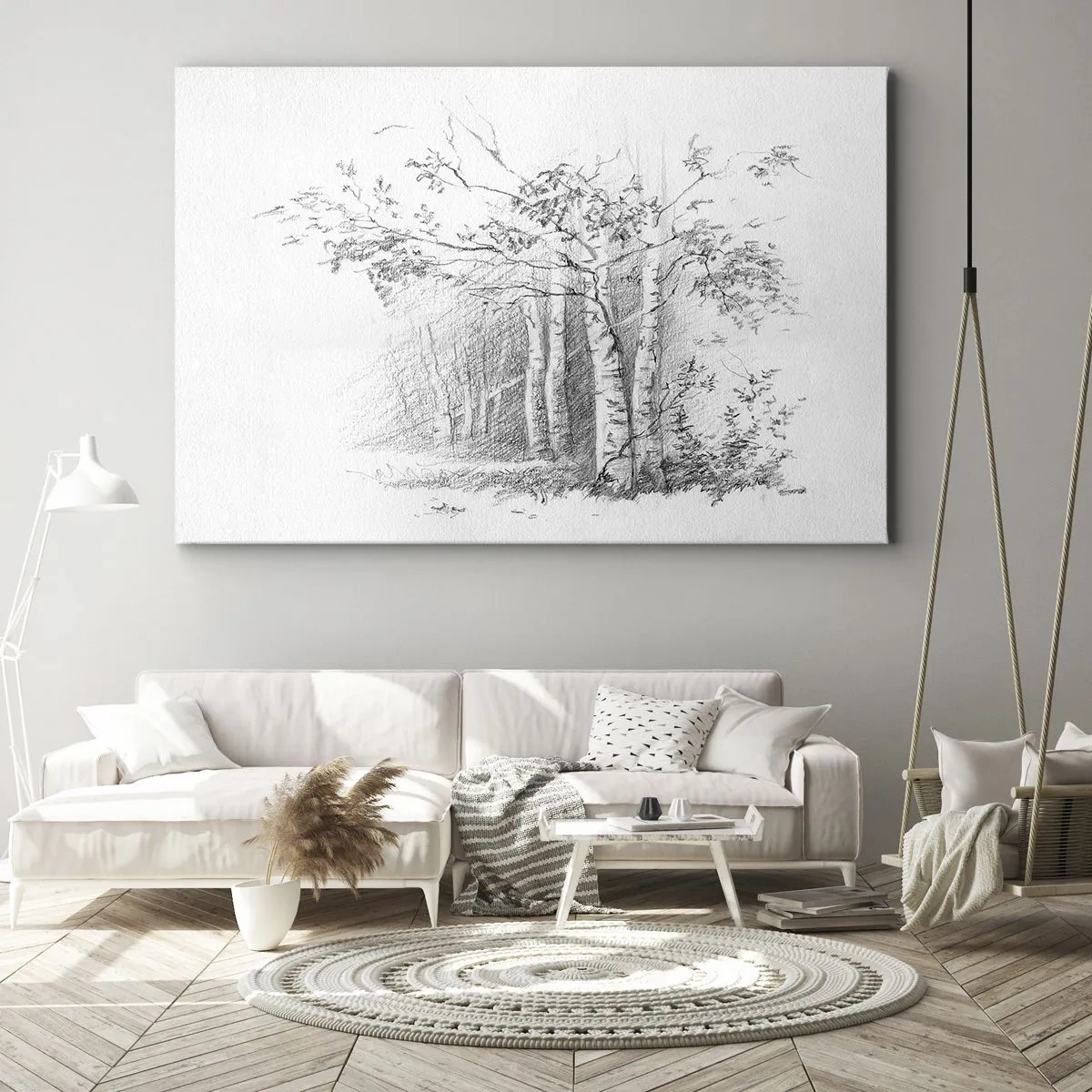 Obraz na płótnie - Rysunek brzozowego lasu w subtelnym szkicu ołówkiem - 70x50cm - Światło brzozowego lasu - Nowoczesna dekoracja ścienna do salonu i sypialni ARTTOR