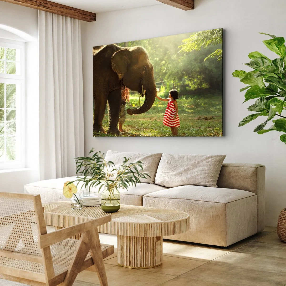 Obraz na płótnie - Dziewczynka w czerwonej sukience dotykająca słonia w lesie - 70x50cm - Siła przyjaźni - Nowoczesna dekoracja ścienna do salonu i sypialni ARTTOR