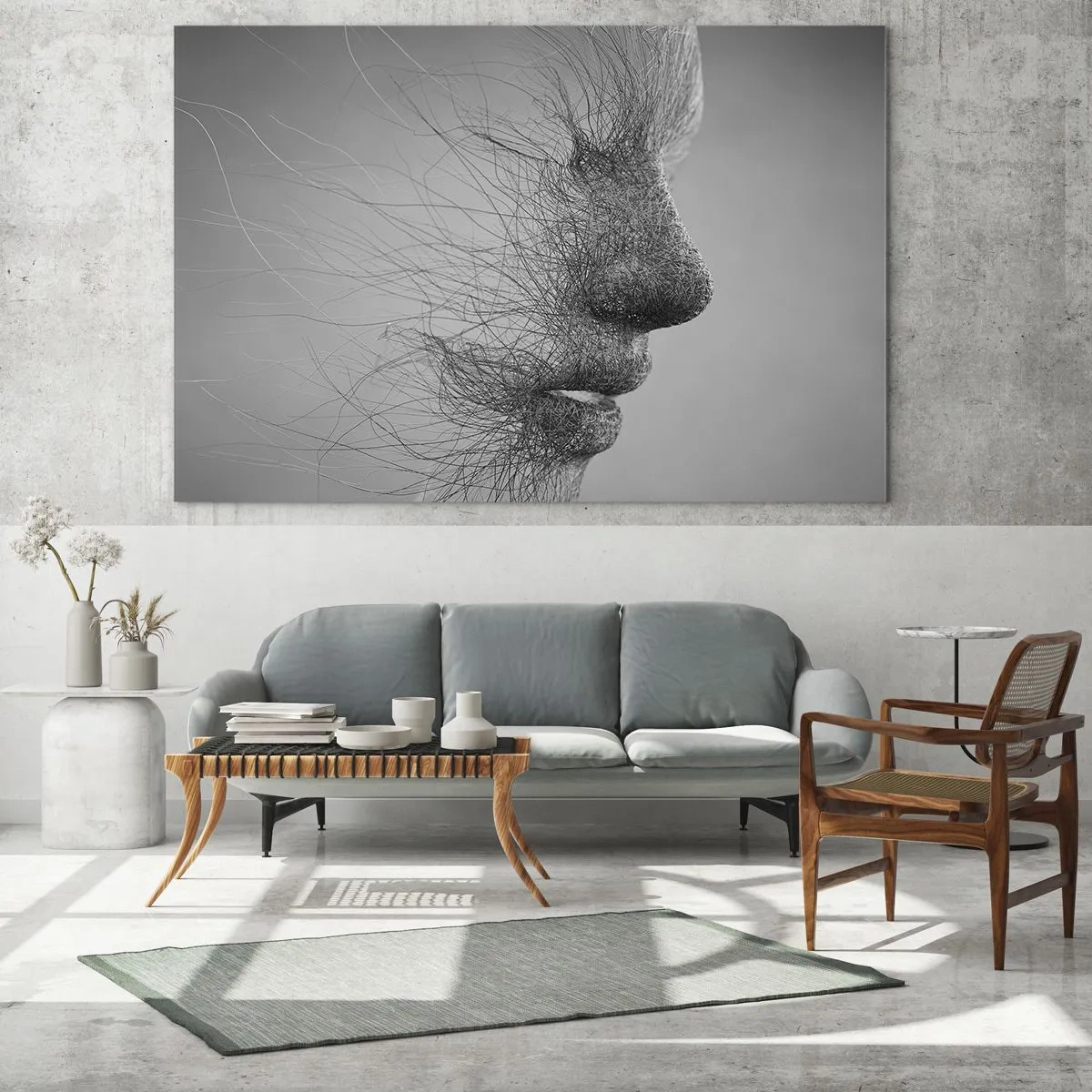Obraz na szkle - Czarno-biały abstrakcyjny profil twarzy z liniami - 70x50cm - Duch wiatru - Nowoczesna dekoracja ścienna do salonu i sypialni ARTTOR