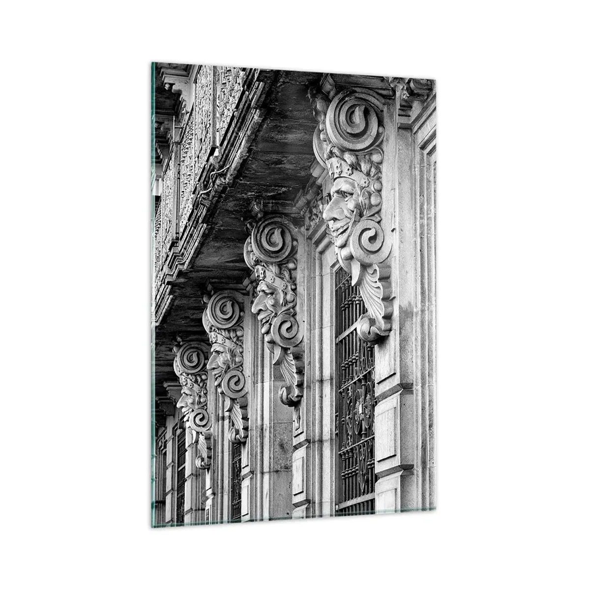 Obraz na szkle - Czarno-biała fotografia rzeźbionych wsporników fasady barcelońskiej kamienicy - 80x120cm - Zadziwiająca Barcelona - Nowoczesna dekoracja ścienna do salonu i sypialni ARTTOR