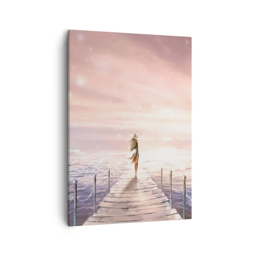 Obraz na płótnie - Kobieta w kapeluszu stojąca na pomoście skierowanym w stronę zachodzącego słońca - 50x70cm - W świetle marzenia - Nowoczesna dekoracja ścienna do salonu, kuchni i sypialni ARTTOR