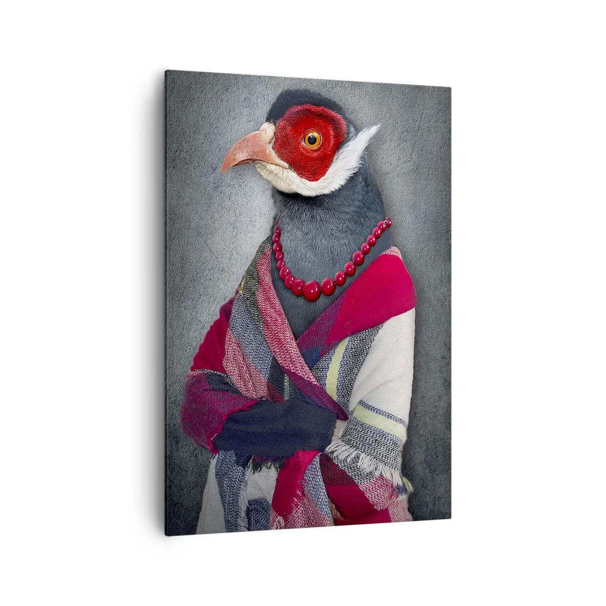 Obraz na płótnie - Stylizowane portrety wilka, bażanta i lwa w eleganckich ubraniach - 70x100cm - Co ja tu robię?! - Nowoczesna dekoracja ścienna do salonu i sypialni ARTTOR