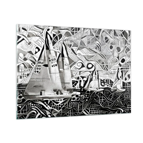 Obraz na szkle - Czarno-biała abstrakcja z żaglówkami i geometrycznymi wzorami - 100x70cm - Między falami - Nowoczesna dekoracja ścienna do salonu, kuchni i sypialni ARTTOR