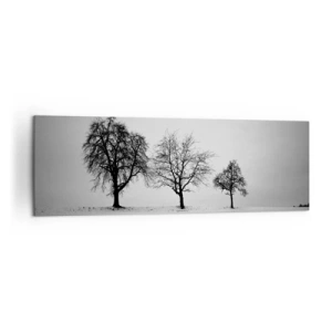 Obraz na płótnie - Trzy drzewa na zaśnieżonym polu w monochromatycznym stylu - 160x50cm - O czym śnią? - Nowoczesna dekoracja ścienna do salonu i sypialni ARTTOR