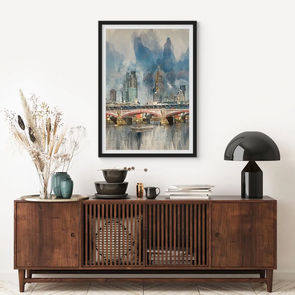 Plakat w czarnej ramie - Miejski krajobraz z mostem i wieżowcami w tle - 50x70cm - Londyn w całej okazałości - Nowoczesna dekoracja ścienna do salonu i sypialni ARTTOR