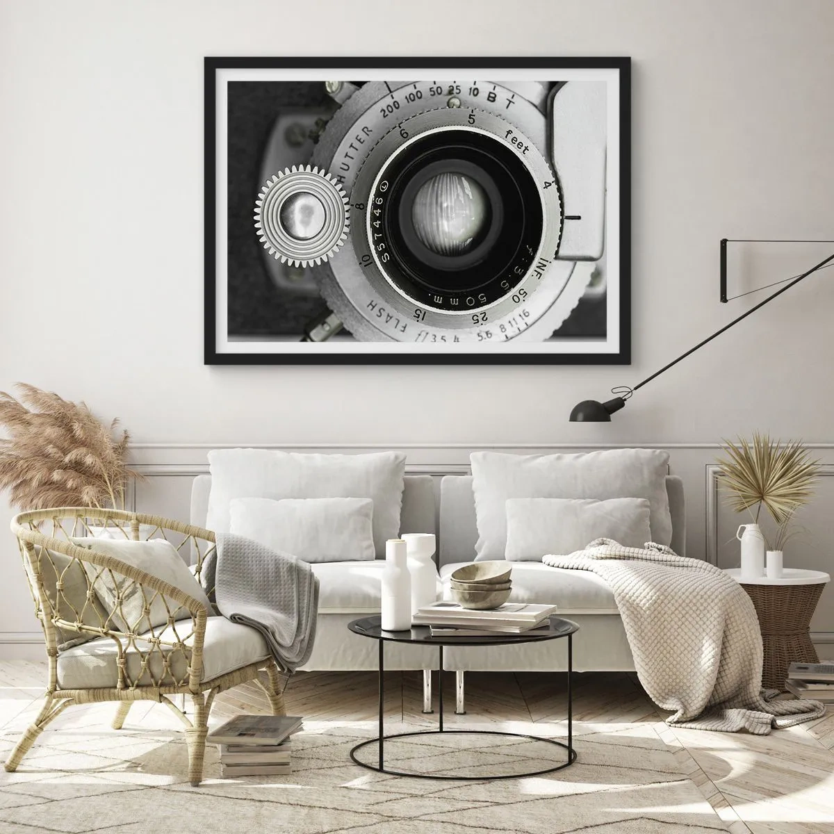 Plakat w czarnej ramie - Obiektyw starego aparatu fotograficznego - 100x70cm - Opowieść o Hollywood - Nowoczesna dekoracja ścienna do salonu i sypialni ARTTOR