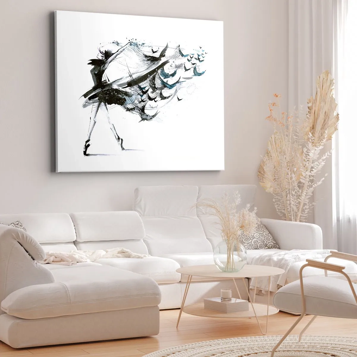 Obraz na płótnie - Tancerka z dynamiczną suknią układającą się w kształt ptaków - 70x50cm - Magia muzyki uwalnia od czaru - Nowoczesna dekoracja ścienna do salonu i sypialni ARTTOR