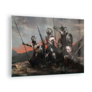 Obraz na szkle - Wojownicy z włóczniami i tarczami na tle czerwonego nieba - 70x50cm - Z tarczą lub na tarczy - Nowoczesna dekoracja ścienna do salonu i sypialni ARTTOR