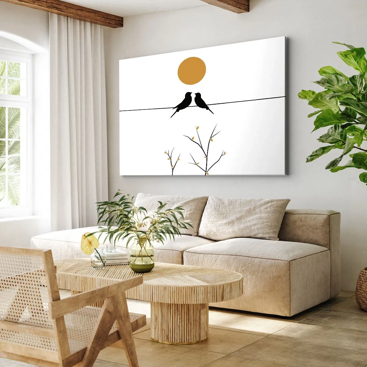 Obraz na płótnie - Ptaki na linii z żółtym słońcem - 70x50cm - Słowiczy wieczór - Nowoczesna dekoracja ścienna do salonu i sypialni ARTTOR