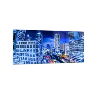 Obraz na szkle - Nocna panorama miasta z drapaczami chmur i światłami ulic - 120x50cm - Rytmy nocnego miasta - Nowoczesna dekoracja ścienna do salonu i sypialni ARTTOR