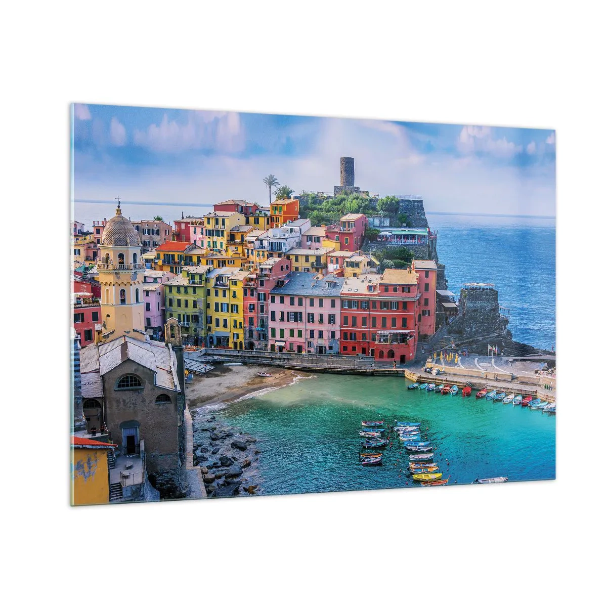 Obraz na szkle - Kolorowe śródziemnomorskie miasteczko nad błękitnym morzem - 100x70cm - Śródziemnomorskie magiczne miasteczko - Nowoczesna dekoracja ścienna do salonu, kuchni i sypialni ARTTOR