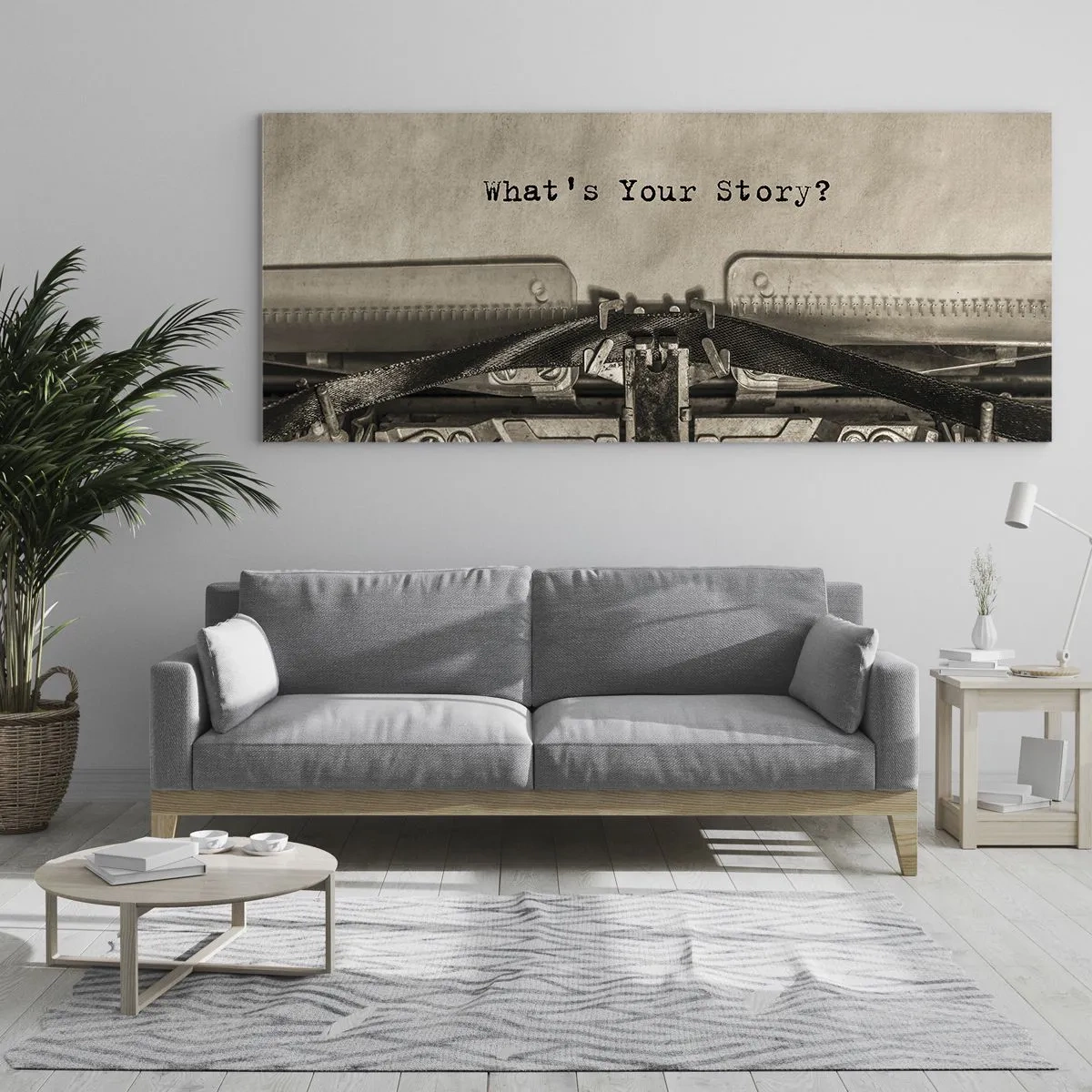 Obraz na szkle - Maszyna do pisania z napisem What’s Your Story? - 120x50cm - Opowiedz mi - Nowoczesna dekoracja ścienna do salonu i sypialni ARTTOR