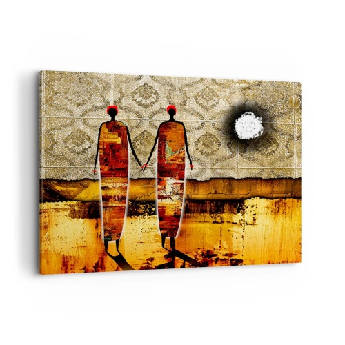 Obraz na płótnie - Abstrakcyjna para postaci na tle złotych wzorów i krajobrazu - 120x80cm - Kompozycja etniczna w kolorach Afryki - Nowoczesna dekoracja ścienna do salonu, kuchni i sypialni ARTTOR