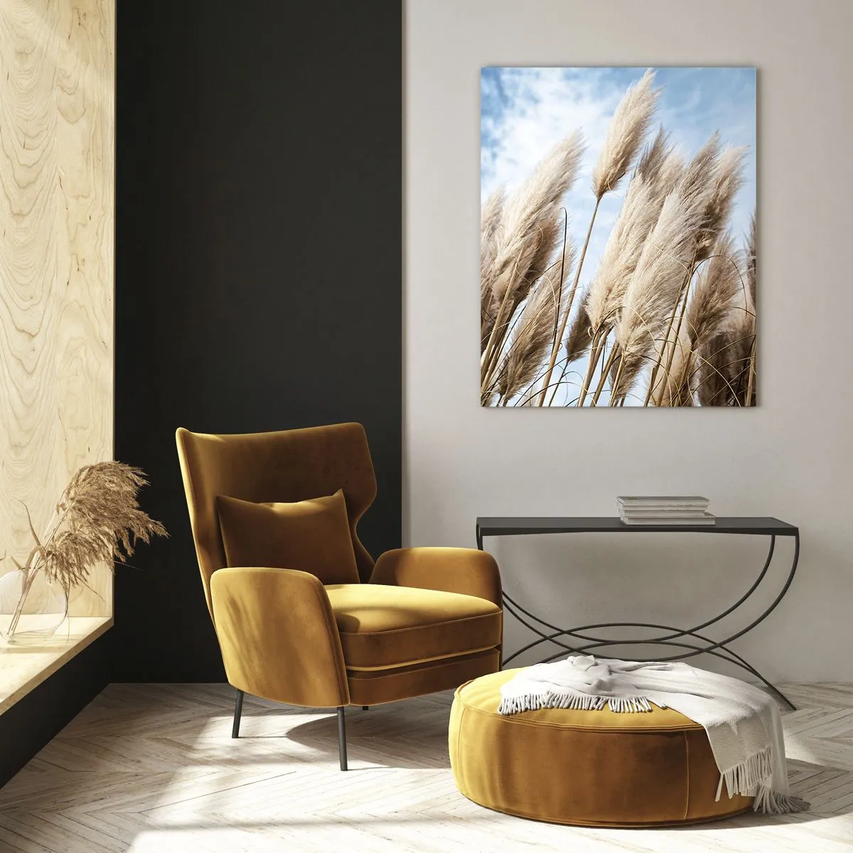 Obraz na szkle - Dekoracyjne trawy pampasowe na tle błękitnego nieba - 50x70cm - Słoneczna i wietrzna pieszczota - Nowoczesna dekoracja ścienna do salonu, kuchni i sypialni ARTTOR