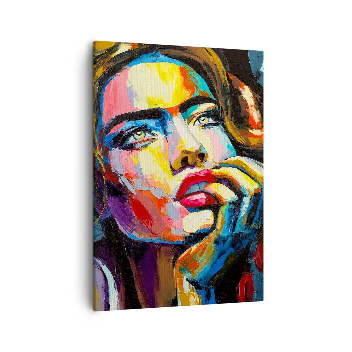 Obraz na płótnie - Kolorowy portret kobiety z wyrazistymi emocjami - 50x70cm - Marzenia jak ptaki szybują po niebie - Nowoczesna dekoracja ścienna do salonu, kuchni i sypialni ARTTOR