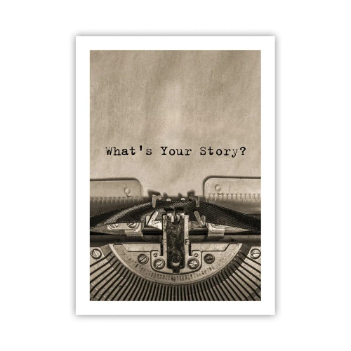 Plakat - Stara maszyna do pisania z napisem What’s Your Story - 50x70cm - Opowiedz mi - Nowoczesna dekoracja ścienna do salonu, kuchni i sypialni ARTTOR