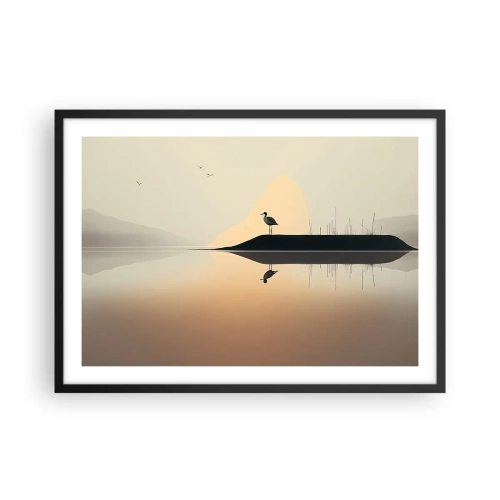 Plakat w czarnej ramie - Ptak na wyspie w spokojnym jeziorze o ciepłych odcieniach - 70x50cm - Pan na jeziorze - Nowoczesna dekoracja ścienna do salonu i sypialni ARTTOR