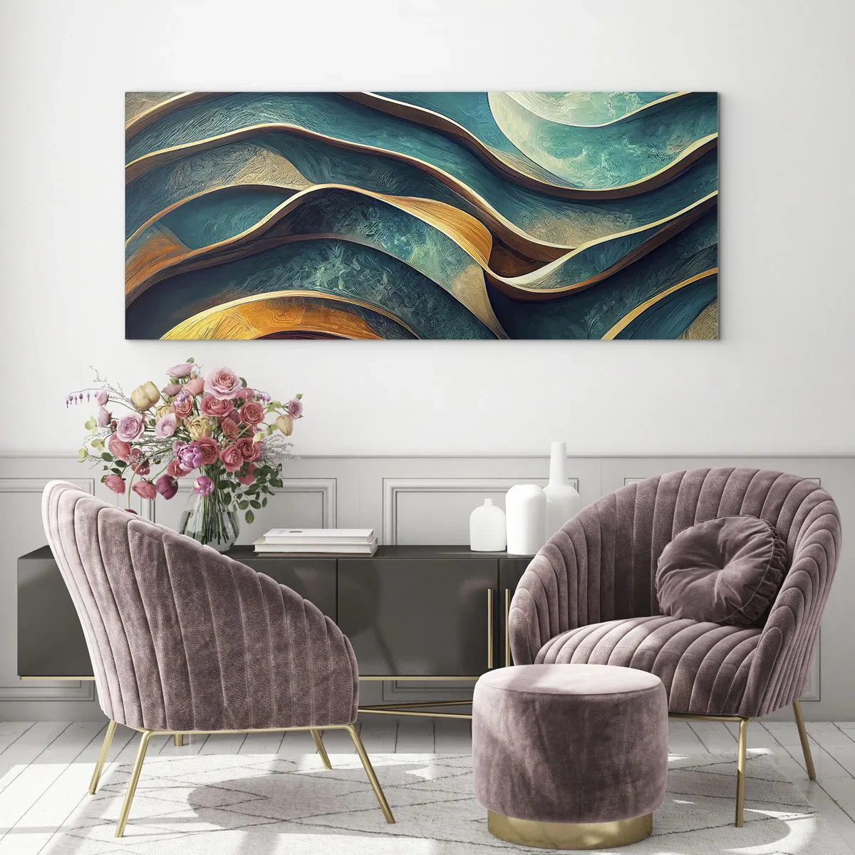 Obraz na szkle - Abstrakcyjne fale w odcieniach turkusu i złota - 120x50cm - Meandry błękitu - Nowoczesna dekoracja ścienna do salonu i sypialni ARTTOR