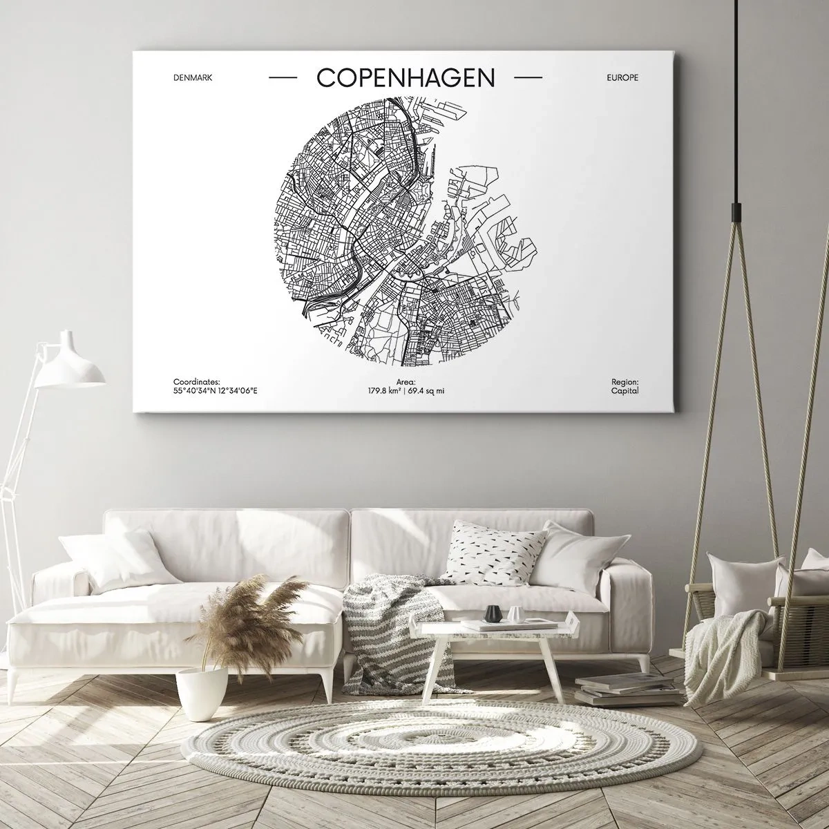 Obraz na płótnie - Mapa Kopenhagi w minimalistycznym, czarno-białym stylu - 70x50cm - Anatomia Kopenhagi - Nowoczesna dekoracja ścienna do salonu i sypialni ARTTOR