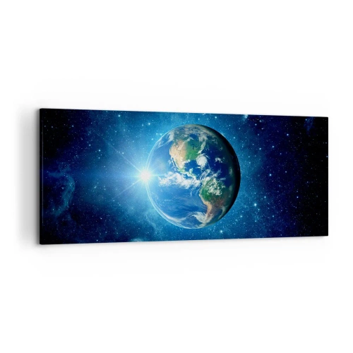 Obraz na płótnie - Ziemia w kosmosie otoczona gwiazdami i światłem - 120x50cm - Jesteśmy w niebie - Nowoczesna dekoracja ścienna do salonu i sypialni ARTTOR