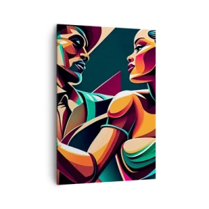 Obraz na płótnie - Stylizowana para tańcząca w żywych, geometrycznych barwach - 70x100cm - W rytmie serca - Nowoczesna dekoracja ścienna do salonu i sypialni ARTTOR