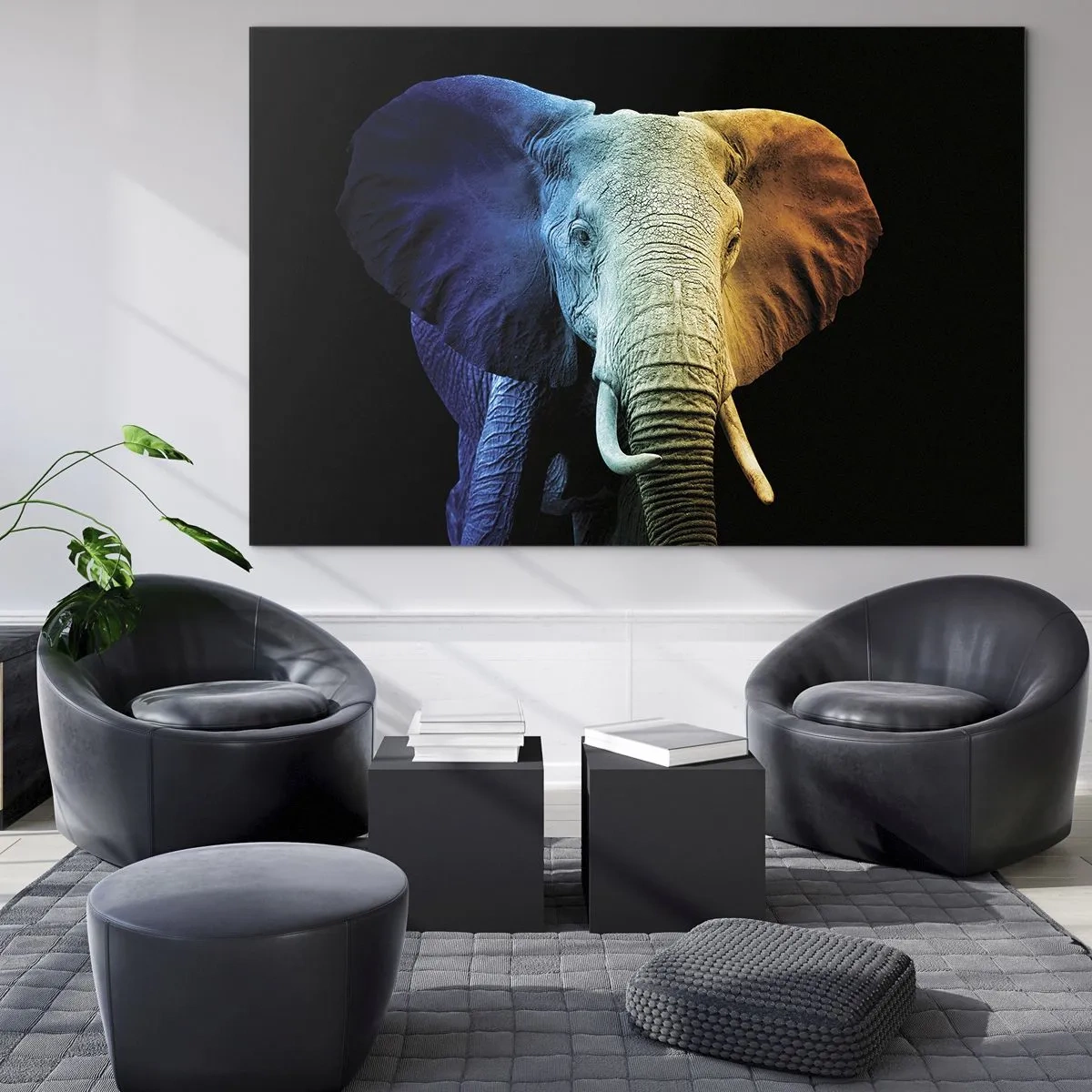 Obraz na szkle - Kolorowy portret słonia na czarnym tle - 100x70cm - Ekscentryk, nie dziwak - Nowoczesna dekoracja ścienna do salonu, kuchni i sypialni ARTTOR
