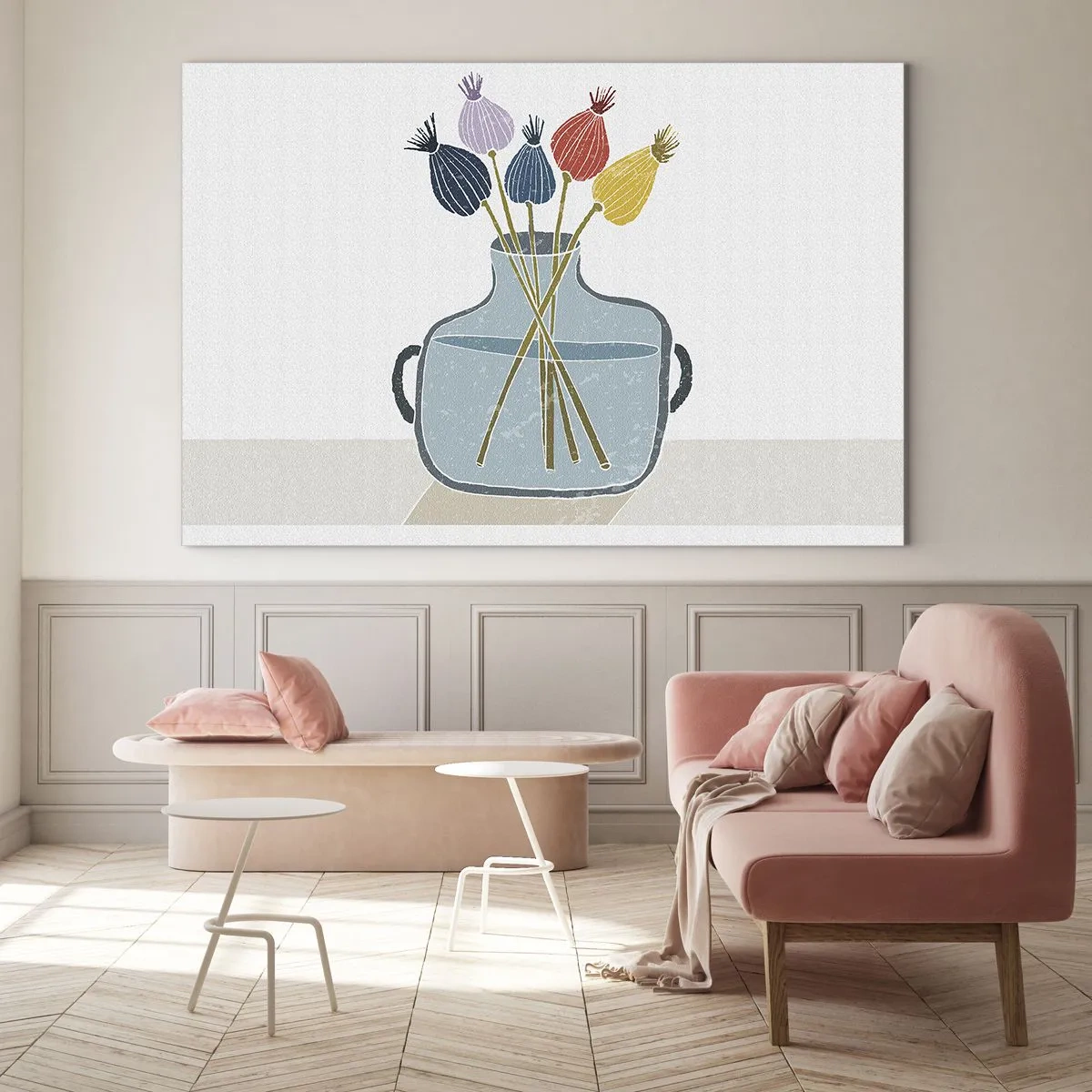 Obraz na szkle - Dekoracyjne makówki w dzbanku w graficznym stylu - 70x50cm - Jak makiem zasiał - Nowoczesna dekoracja ścienna do salonu i sypialni ARTTOR