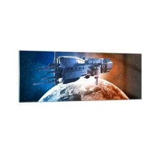 Obraz na szkle - Statek kosmiczny na tle planety w przestrzeni - 140x50cm - Uważny obserwator - Nowoczesna dekoracja ścienna do salonu i sypialni ARTTOR