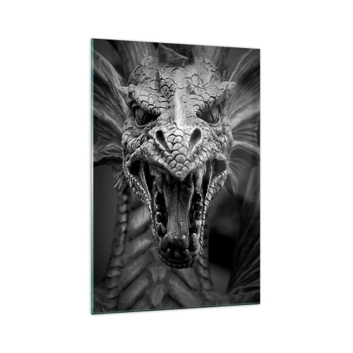 Obraz na szkle - Groźna głowa smoka w czarno-białej tonacji z wyrazistymi detalami - 70x100cm - Baśniowy smok w szarościach - Nowoczesna dekoracja ścienna do salonu i sypialni ARTTOR