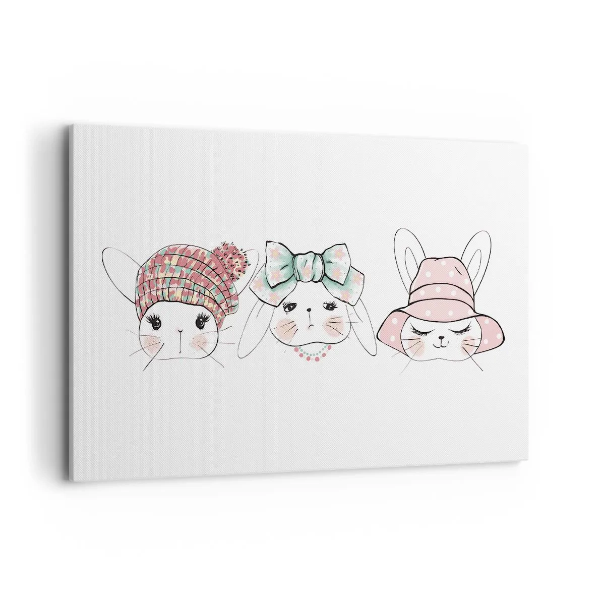 Obraz na płótnie - Urocze króliczki w pastelowych nakryciach głowy - 120x80cm - Zamyślona, smutna, zadowolona - Nowoczesna dekoracja ścienna do salonu, kuchni i sypialni ARTTOR