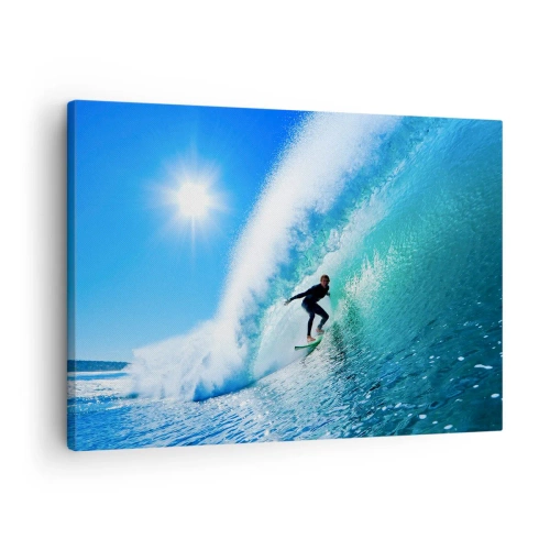 Obraz na płótnie - Surfer na desce pływający wewnątrz potężnej fali pod błękitnym niebem - 70x50cm - Przez wielki błękit - Nowoczesna dekoracja ścienna do salonu i sypialni ARTTOR