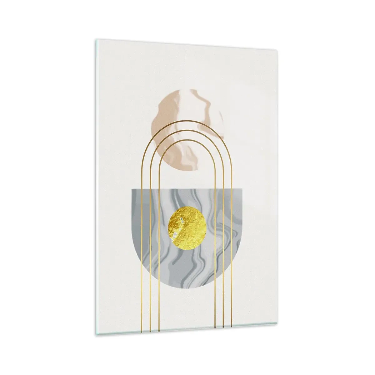 Obraz na szkle - Abstrakcyjna kompozycja z okręgami i złotymi liniami na jasnym tle - 80x120cm - Jasność i blask - Nowoczesna dekoracja ścienna do salonu i sypialni ARTTOR